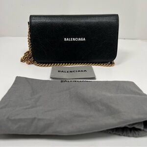 Balenciaga Black Leather Classic Logo Wallet on Gold Chain Crossbody Bag